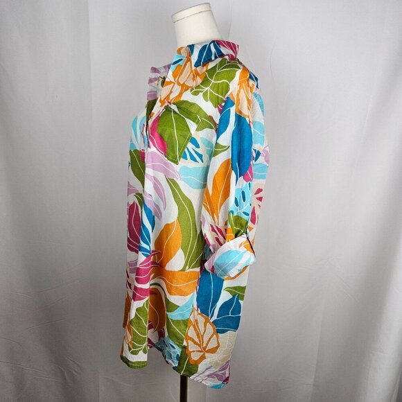 True Destinations Medium Button Long Shirt Multicolor Tropical Print Boho Beach - Picture 3 of 10